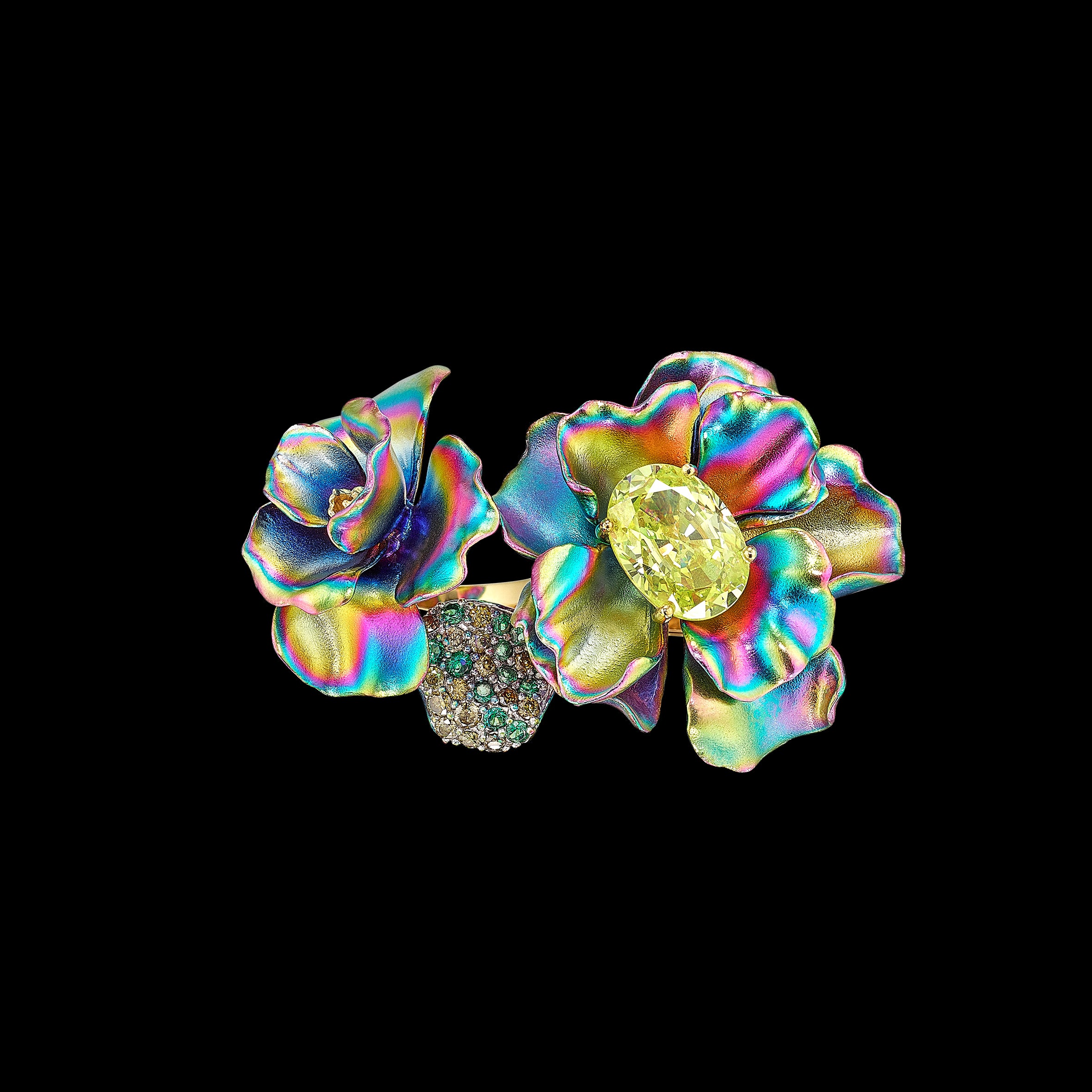 Citrus Rainbow Flower Ring, Ring, Anabela Chan Joaillerie - Fine jewelry with laboratory grown and created gemstones hand-crafted in the United Kingdom. Anabela Chan Joaillerie is the first fine jewellery brand in the world to champion laboratory-grown and created gemstones with high jewellery design, artisanal craftsmanship and a focus on ethical and sustainable innovations.